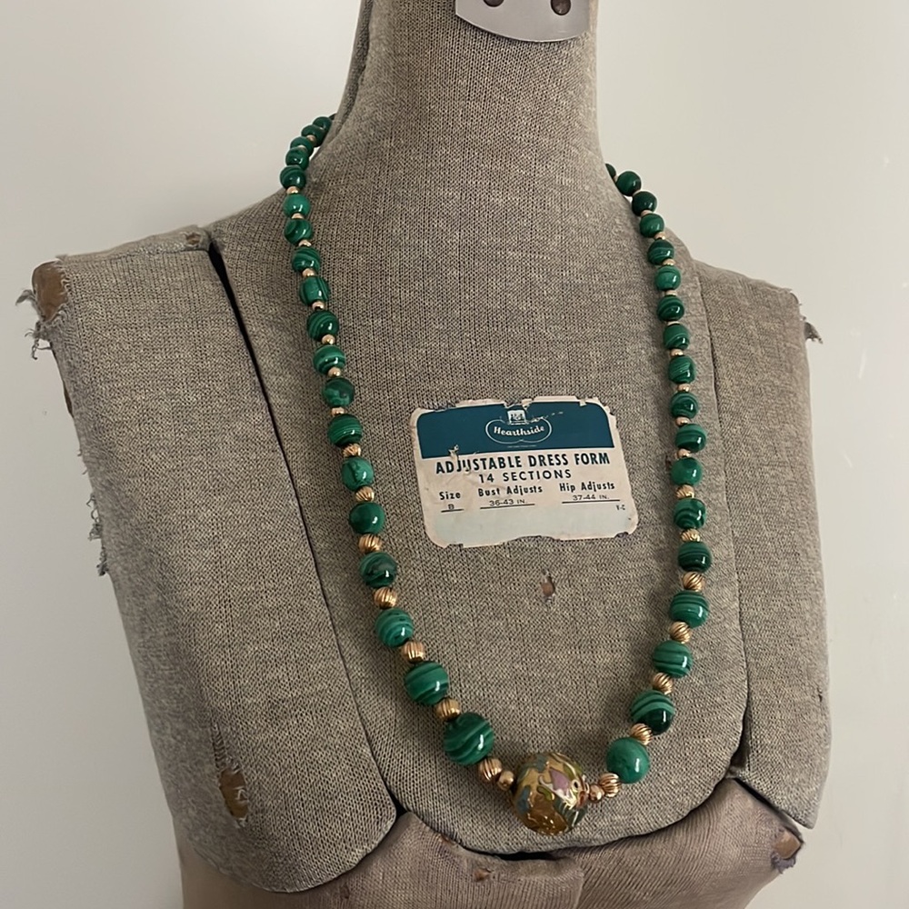 Vintage Malachite Gemstone Cloisonné Dragon Necklace - Picture 4 of 14